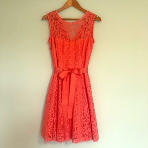 Sleeveless coral lace A-line dress w/ribbon belt